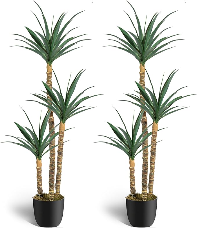 6FT Artificial Tree 2 Pack Faux Agave Plant Indoor, Tall Faux Plant with 3 Heads in Potted Silk Fake Tree for Home Living Rome Office Decor Housewarming Gifts
