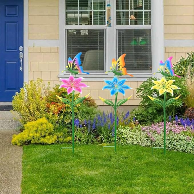 Metal Flowers for Outside, 30.3-22.4" 3-Pack Metal Colorful Butterfly & Flower Decorative Garden Stakes for Spring Garden Decor, Yard Art Decorations for Patio Lawn Ornaments