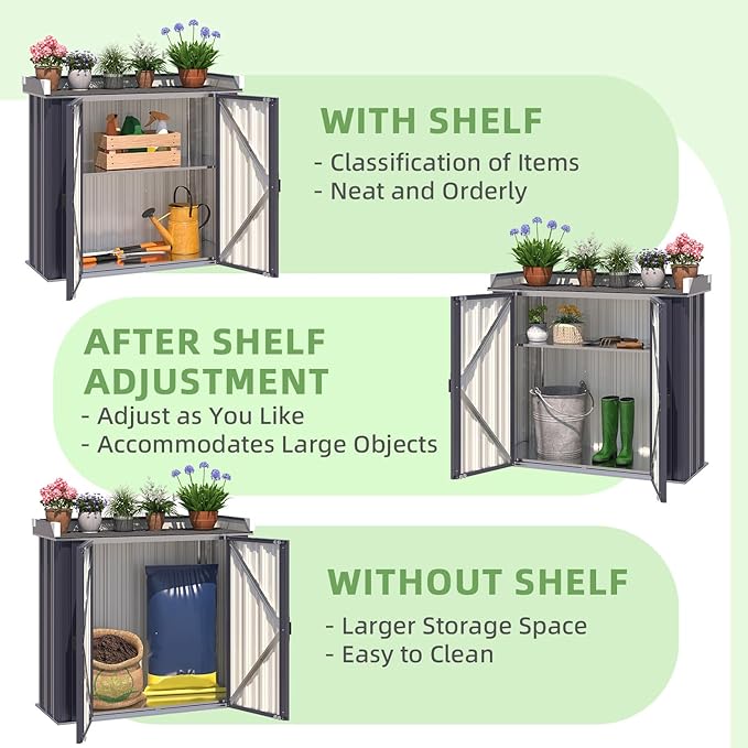 AECOJOY Outdoor Storage Cabinet Waterproof, Outside Metal Sheds & Outdoor Storage Garden Cabinet with Adjustable Shelves for Gardening Tools and Plants, Grey