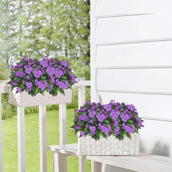 8 Pcs Artificial Impatiens Flowers for Outdoors Faux Impatiens Bushes Silk Flowers Purple UV Resistant Faux Flowers for Outdoor Planters Pot Lawn Balcony Hanging Basket Porch Decor