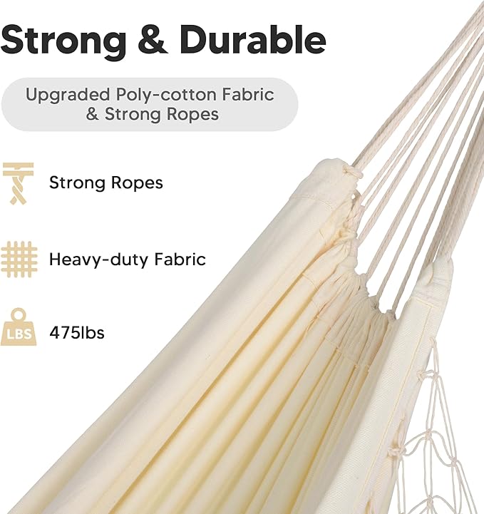 SUNCREAT Portable Camping Hammock for Outside, Heavy Duty 2 Person Hammock Bed for Tree, Beige with Tassels