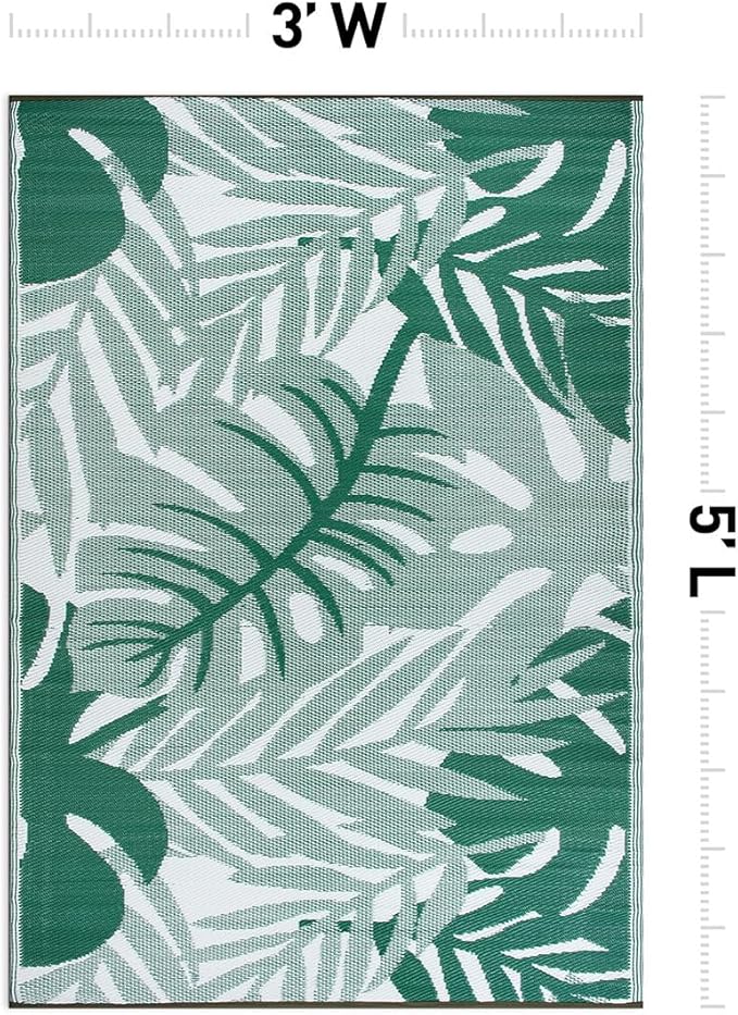 Rugshop Tropical Leaf Reversible Crease-Free Waterproof Premium Recycled Plastic Outdoor Rugs for Patio,Backyard,RV,Deck,Picnic,Trailer,Beach,Camping,Sunroom Green 3' x 5'
