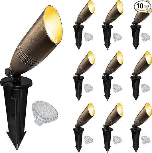 GKOLED UL Listed Solid Brass Landscape Spotlight, Low Voltage Outdoor Directional Uplight, with 5W MR16 LED Bulb & Large Rugged Slot Spike, 12V AC/DC Garden Patio Spot Up Light (10 Pack)
