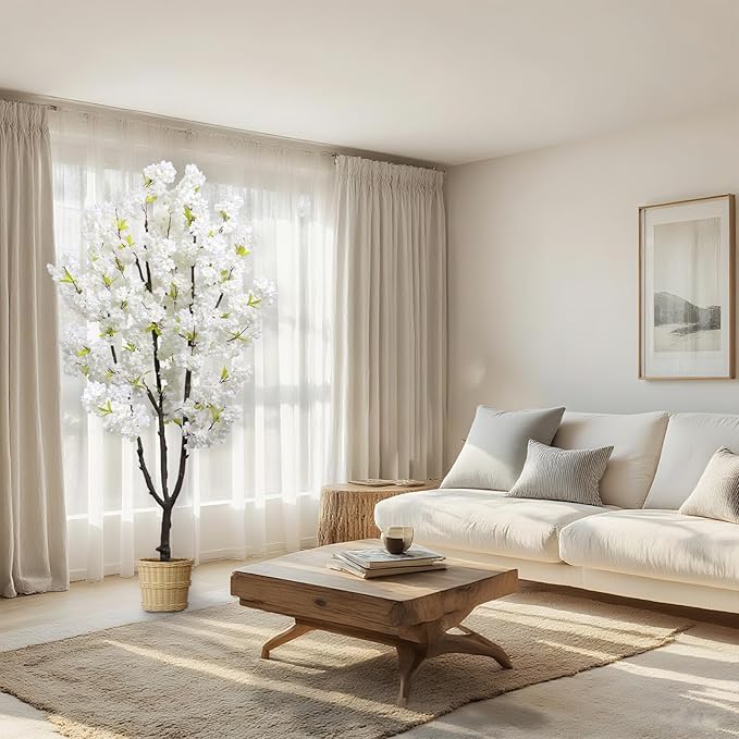 Faux White Cherry Blossom 6ft(72in) Artificial Floor Plant for Indoor Decor Natural Potted Tree with Texture Flowers and Realistic Wood Trunk for Home Living Room,Office Perfect Housewarming Gift