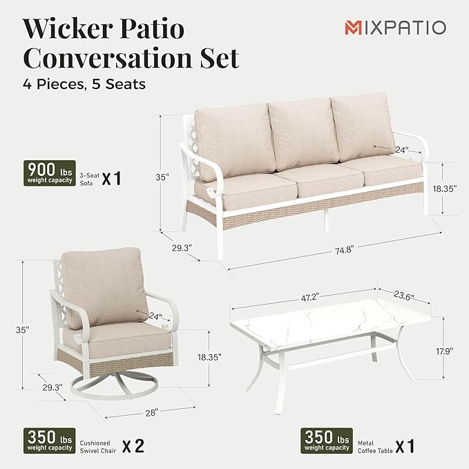 4 Piece Patio Furniture Set, 2 x Swivel Chair, 1 x 3-Seat Sofa with Marbling Coffee Table, All Cushioned 5 Seats Outdoor Conversation Set for Lawn Garden Backyard, Beige