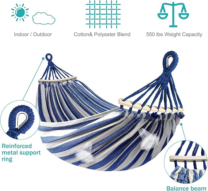 MOSFiATA Hammocks Portable Camping Hammock Upgraded 550lb Comfortable Fabric Hammock with Two Anti Roll Balance Beam and Sturdy Metal Knot Tree Straps for Camping, Patio, Backyard, Outdoor(Blue White)