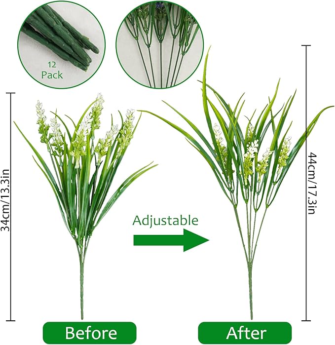 12 Bundles Artificial Plants Outdoor, 18.2" UV Resistant Faux Monkey Grass Greenery Stems No Fade Faux Plastic Flowers Shrubs for Home Weddings Garden Porch Front Patio Office Decor- White