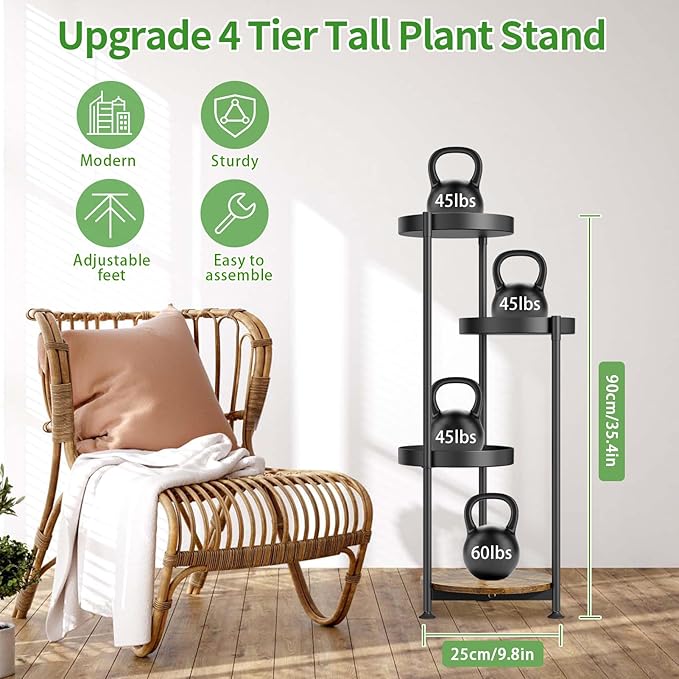 4 Tier Plant Stand Indoor Outdoor, Metal Flower Pot Shelf Holder Clearance, Tall Corner Rack for Multiple Plants, Modern Organizer Display for Patio Orchid Office Porch Living Room Garden, Black