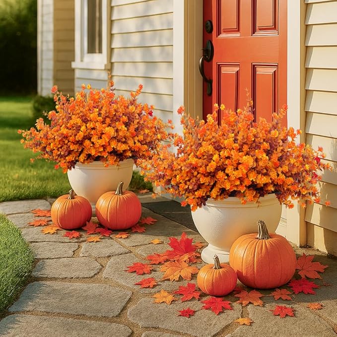 Artificial Mums for Outdoors, 12 Bundles Faux Mums for Fall Planters,Uv Resistant Eucalyptus Artificial Fake Flowers Plants, Realistic Fall Decor for Porch, Patio, Yard (Fall Stems)