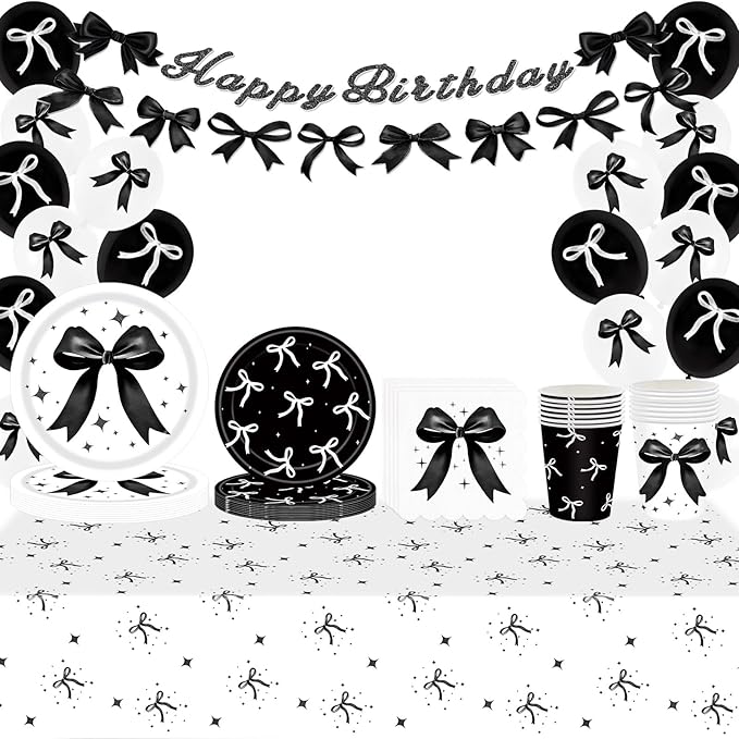 102pcs Black Bow Birthday Party Coquette Decorations Includ Black and White Balloons Banner Paper Plates Napkins Cups Tableware Set with Tablecloth Serve 20 Guests