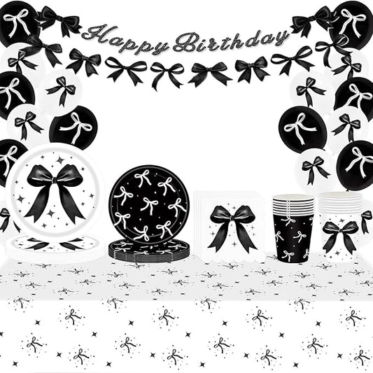 102pcs Black Bow Birthday Party Coquette Decorations Includ Black and White Balloons Banner Paper Plates Napkins Cups Tableware Set with Tablecloth Serve 20 Guests