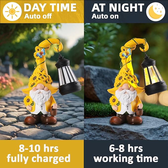 Solar Garden Decor - Sunflower Gnome Statue with Lantern 9.1" Garden Gnomes Outdoor Funny Solar Statues Yard Porch Lawn Patio Decor Gardening Gift for Women Mom Grandma Wife Girlfriend