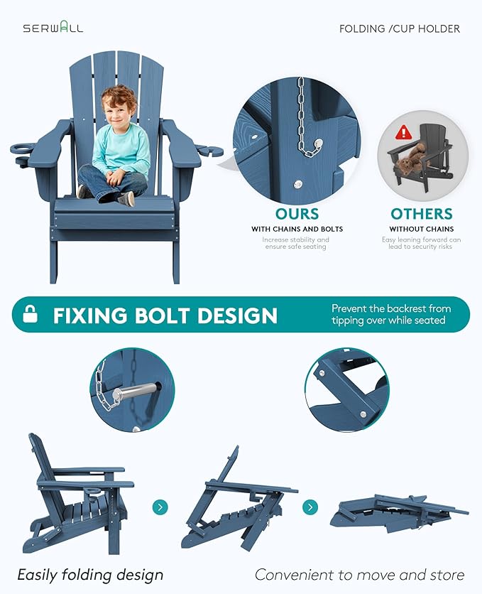 SERWALL Folding Adirondack Chair, Dual Cup Holders & All-Weather HDPE, Wood-Like Patio Chair for Backyard, Camping，Pool & Fire Pit- Navy