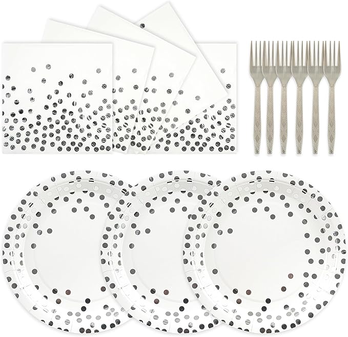 75PCS Paper Plates and Napkins Set - White and Sliver Dot Disposable Party Dinnerware Includes Paper Plates, Napkins, Forks Decorations for Graduations, Birthdays and Weddings, Serves 25