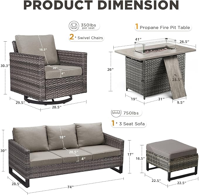 Patio Furniture Set with Fire Pit Table-6 Pieces All Weather Outdoor Swivel Chairs Set of 2 with Patio Sofa and Ottomans, Patio Conversation Sets for Porch Deck Garden Backyard(Grey/Grey)
