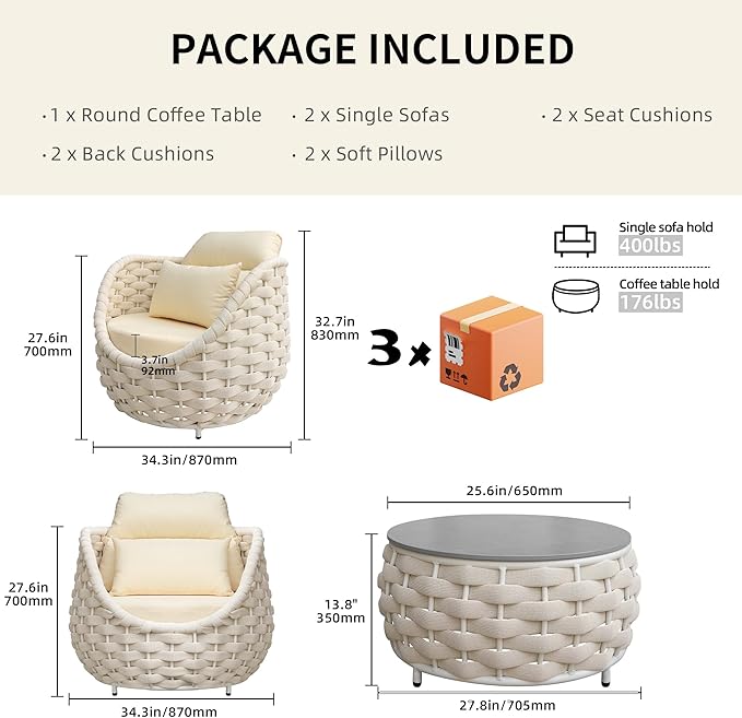 TWT Outdoor 3-Piece Conversation Set Rust Free Patio Furniture Set Already Assembled Compact-Weave Rope Olefin Modern Sofa Seating with Thick & Washable Cushions for Indoor, Backyard, Balcony, Cream