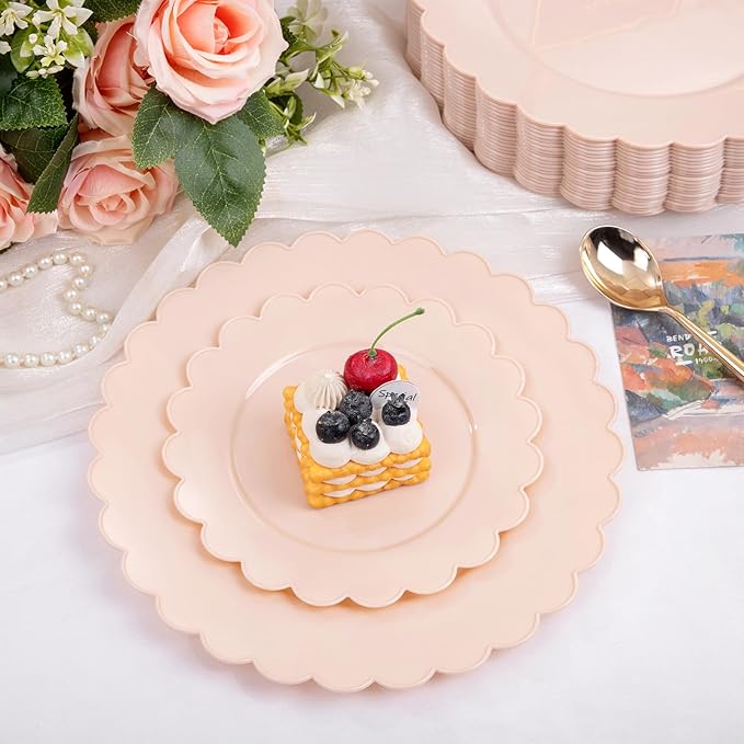 SUT 72-Count Pink Plastic Plates Disposable 10.25 Inch - Scalloped Edge Dinner Plates for Valentine’s Day, Parties, Birthdays, Weddings | Lightweight & Durable Disposable Dinnerware (72 Pack)