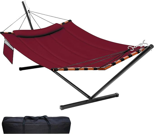 TegerDeger 12FT 2 Person Hammock with Stand Included 55 x 79IN Large Hammock 450LB Capacity with Hardwood Spreader Bar & Nylon Rope for Outside, Patio, Garden, Backyard, Beach - Red