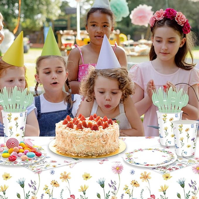 141PCS Wildflower Party Decorations Spring Floral Baby Shower Birthday Decorations - Include Plates and Napkins Forks Cups Straws Tablecloch for Wildflower Baby Shower Decorations Serves 20 Guests