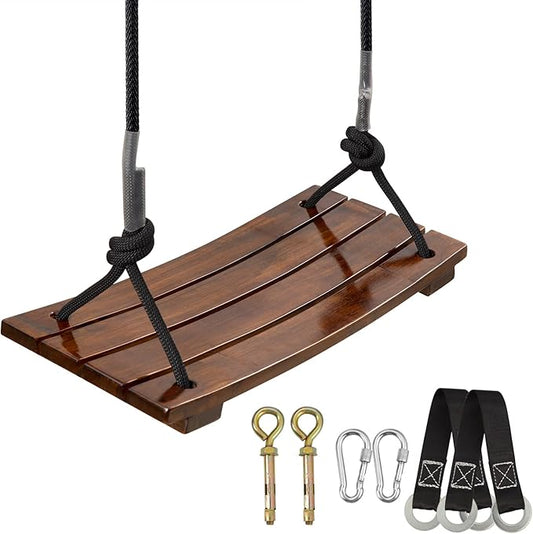 PELLOR Wood Swing Seat, Carbonized Hanging Wood Tree Swing 16.9 x7.9 x0.5 in for Adult Kids Children Anticorrosive & 100% Waterproof Wooden Swing Set 440lbs Load Indoor Outdoor Backyard Play