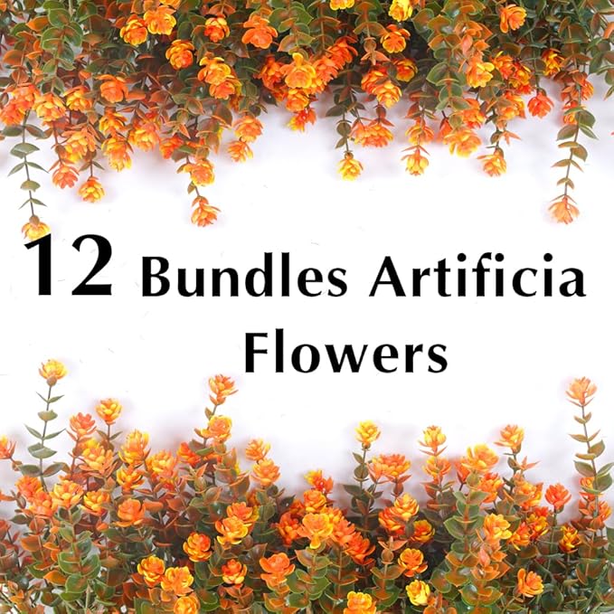 Artificial Mums for Outdoors, 12 Bundles Faux Mums for Outdoor Fall Planters,Uv Resistant Eucalyptus Artificial Fake Flowers Plants, Realistic Fall Decor for Porch, Patio, Yard (Fall Orange)