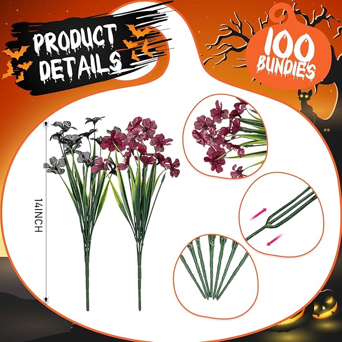 Lyrow 100 Bundles Violet Artificial Flowers, UV Resistant Faux Silk Flowers Outdoor, Fake Violet Bulk for Front Porch Hanging Garden Courtyard Farmhouse Home (Black and Red)