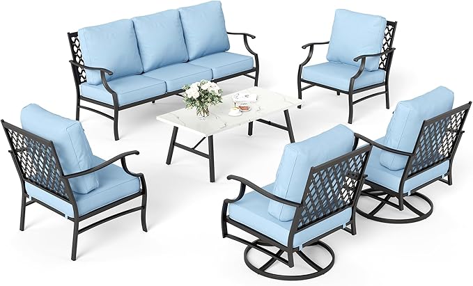 6 Piece Metal Outdoor Patio Furniture Set, Patio Conversation Sets 1 3-Seater Sofa, 2 Swivel Chair, 2 Leg Chair with 5.75" Thick Cushion and Coffee Table, Backyard Furniture Set, Blue
