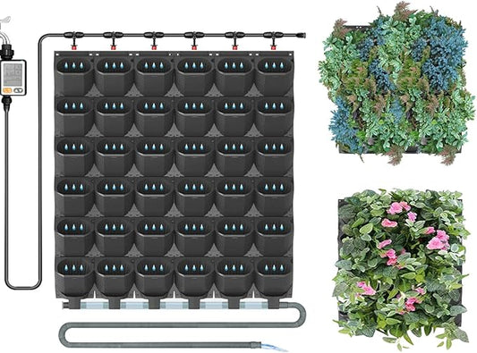 Self Watering Wall Planter with 36 Pots, Vertical Garden Planter for Indoor Plants, Wall Mounted planters Hanging Flower Herbs Vegetables, Wall Garden for Home (Black with Irrigation)