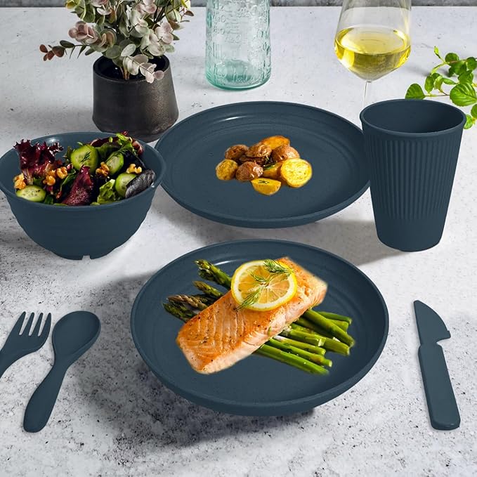 Wheat Straw Dinnerware Sets - SGAOFIEE 36 Piece Unbreakable Dinnerware Sets, Reusable Wheat Straw Plates and Bowls Sets, Travel Camping Cutlery Set, Dishwasher Microwave Safe Dinnerware-Blue