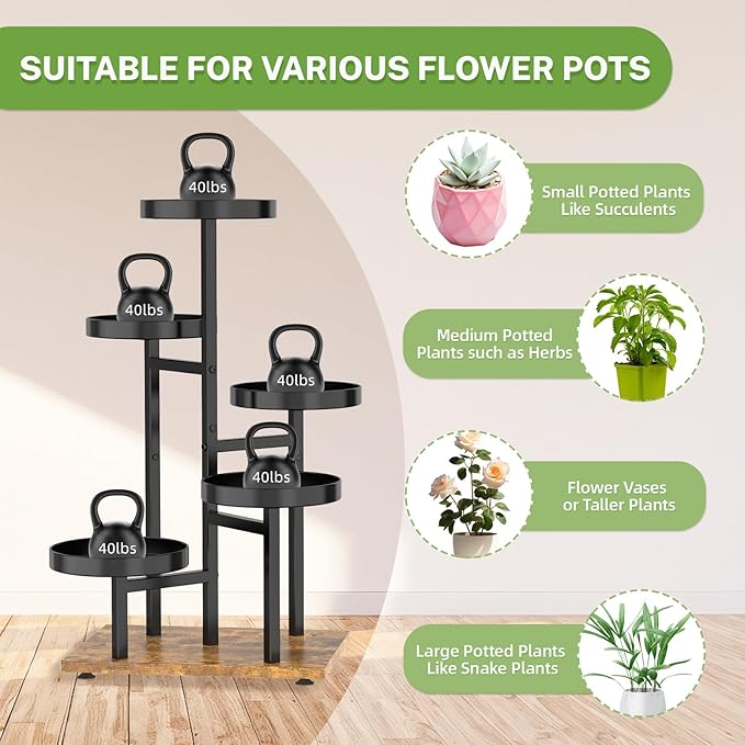 iDavosic.ly 5 Tier Plant Stand Indoor, Tiered Corner Flower Holder Shelf Outdoor, Metal Tall Orchid Display Rack for Patio Porch Garden Balcony Office Bedroom, Black and Brown
