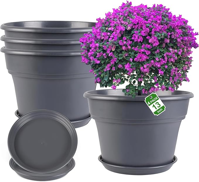 13-inch-Plant-Pots, 4 Pack Large Planters for Outdoor Plants, Plastic Flower Pots Indoor with Drainage Holes & Trays, Classic Garden Pot Container for House