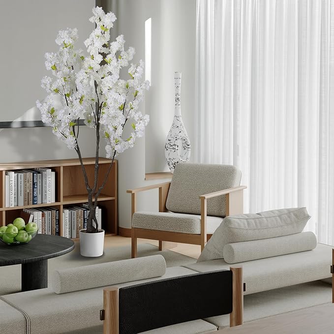 Artificial White Cherry Blossom Tree 6ft(72in) Faux White Flower Tree Indoor Decor Handmade Natural Fake Cherry Tree for Wedding Realistic Cherry Blossom Plant for Home,Living Room,Office Decor