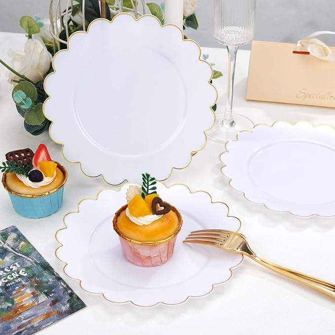 SUT 72Pcs Plastic Plates-7.5inch White Dessert Plates with Gold Trim, White Disposable Plates, Disposable Plates,Fancy Plastic Plates, Heavy Duty Plastic Plates for Wedding & Parties