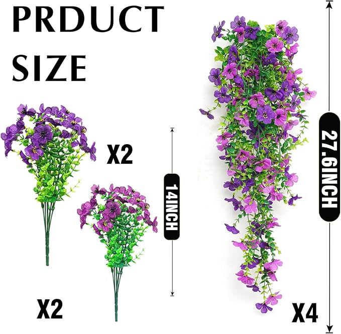 8PCS Artificial Hanging Flowers for Outdoors,Hanging Outdoor Faux Plants,UV Resistant Fake Flowers for Outdoor Planters,Realistic Fake Plants Spring Decor for Porch,Patio,Yard (DoublePurple)