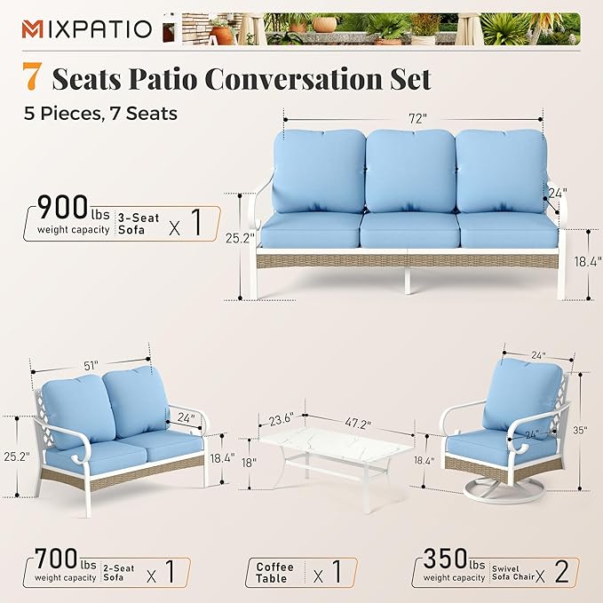 5 Piece Patio Furniture Set, 2 x Swivel Chair, 1 x 2-Seat Sofa, 1 x 3-Seat Sofa with Marbling Coffee Table, All Cushioned 7 Seats Outdoor Conversation Set for Lawn Garden Backyard, Blue