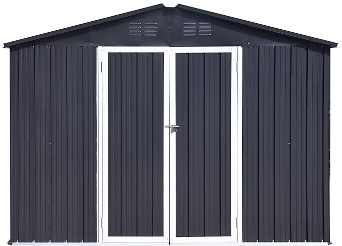 Sheds & Outdoor Storage 12 ft × 10 ft Storage Shed Large Classic Apex Roof Metal Garden Storage Sheds with Hinged Door Tool Cabinet for Backyard, Patio, Poolside, Dark Gray