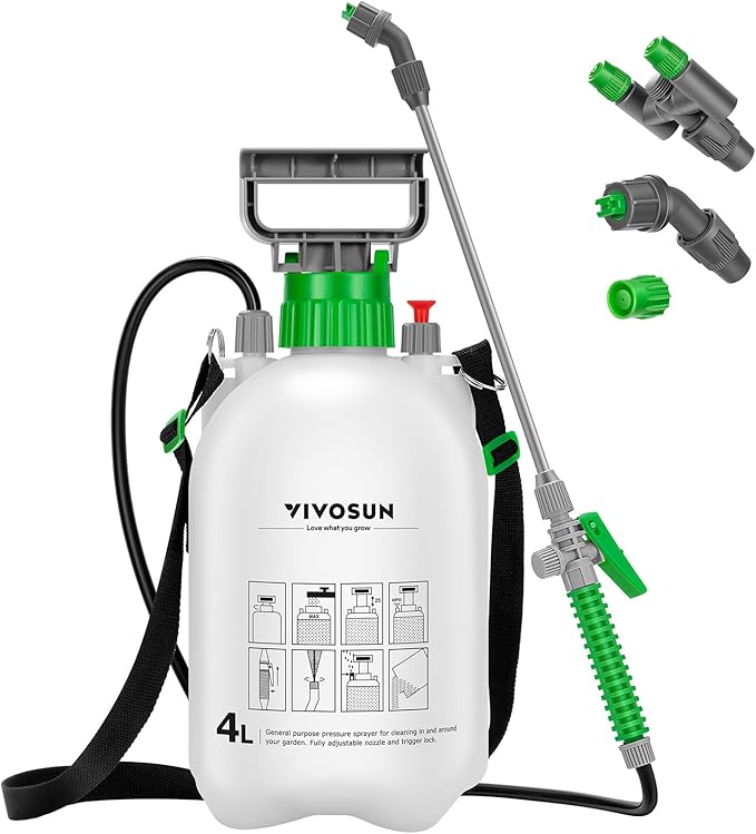 VIVOSUN 1 Gal/4L Pump Sprayer, Garden Water Sprayer for Plants, Weeds & Lawn Care, with 3 Nozzles, 50'' Long Hose & Pressure Relief Valve