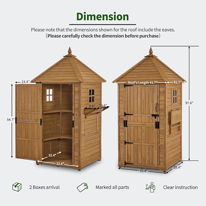 MCombo Large Outdoor Storage Cabinet with 6 Shelves (2.9 x 2.9 x 8.1 ft), Wood Storage Shed, Garden Shed with 2 Foldable Tables for Patio Yard Lawn, 2645