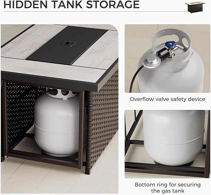 Grand patio 8-Piece Patio Furniture Set with 47" Fire Pit Table, Outdoor Conversation Set & 50,000 BTU 47 Inch Rectangle Propane Fire Pit with Water Resistant Blue Thick Cushions, Brown