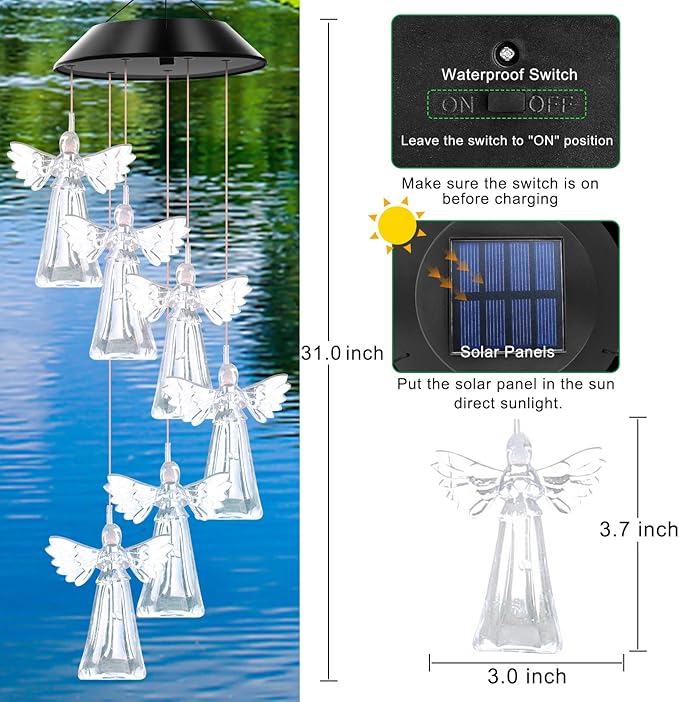 Solar Wind Chimes Outdoor Color Changing Lights, Gift for Women Mom Grandma Sister Best Gifts, Wind Chimes Unique Outdoor Garden Yard Decor (Angel)