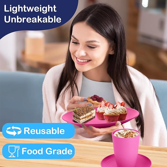 Wheat Straw Dinnerware Set 40 PCS | Service for 8 | Unbreakable Plates and Bowls Sets Plastic Reusable Dishes Sets Dinner Plates, Cereal Bowls, Water Cups Kitchen Set for Home RV- Pink