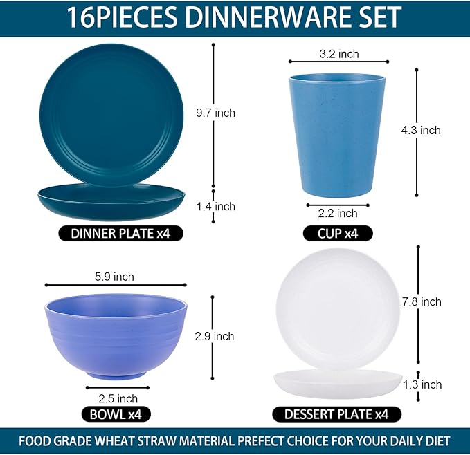 Rubtlamp 16pcs Wheat Straw Dinnerware Set, Unbreakable Plates And Bowls Sets of 4, Plastic Plates Set Reusable (Cold Four Colors) for Camping