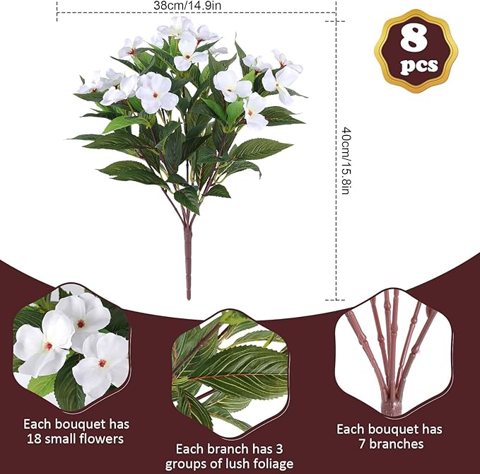 Artificial Flowers for Outdoors Silk Impatiens Flowers Faux Flowers Impatien Bushes Artificial Impatiens for Pot Patio Lawn Garden Hanging Basket Porch Decor (8, White)