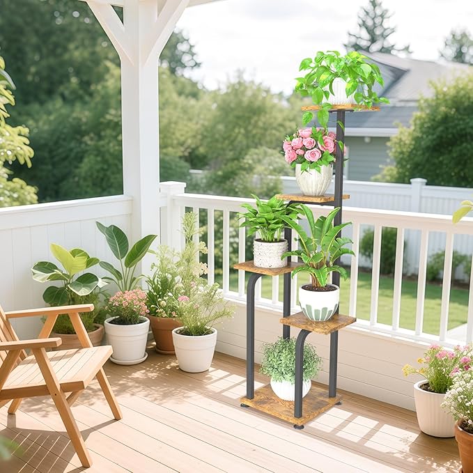 iDavosic.ly Tall Plant Stand Indoor, 4 Tier Corner Multiple Flower Holder Shelf with Wooden Trays, Space Saving Display Rack for Living Room Balcony Patio Porch Outdoor | Black & Brown