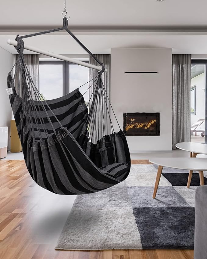 ADVOKAIR Hammock Chair Hanging Chair Swing Large Indoor with Anti-Slip Steel Spread Bar and Pocket-Max 500lbs-2 Cushions, Perfect for Bedroom,Outdoor,Patio, Porch,Backyard…