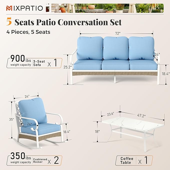 4 Piece Patio Furniture Set, 2 x Rocking Chair, 1 x 3-Seat Sofa with Marbling Coffee Table, All Cushioned 5 Seats Outdoor Conversation Set for Lawn Garden Backyard, Blue