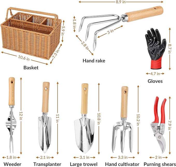 SOLIGT Garden Tools Set with Basket, Heavy Duty Stainless Steel Gardening Hand Tool with Wood Handle, Pruning Shears, Gloves - Perfect Gardening Gifts Planting Supplies for Women Men