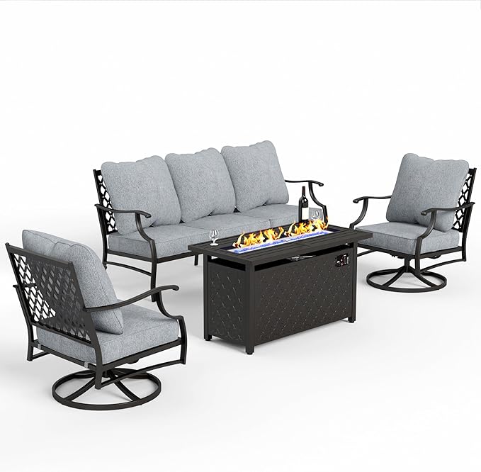 4 Piece Metal Outdoor Patio Furniture Sets with 5000 BTU Firepit Table, Patio Conversation Sets 1 3-seater Sofa, 2 Swivel Chair with 5.75" Thick Cushion, Black Backyard Furniture, Gray