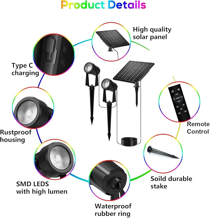 ZYAN Solar Powered Landscape Spotlights Outdoor Waterproof IP65, RGBW Colored LED Spot Lights for Garden Yard, Auto On/Off Remote Control Spot Lights for Plant, Tree, Patio, Path, Lawn, Wall (8 Pack)