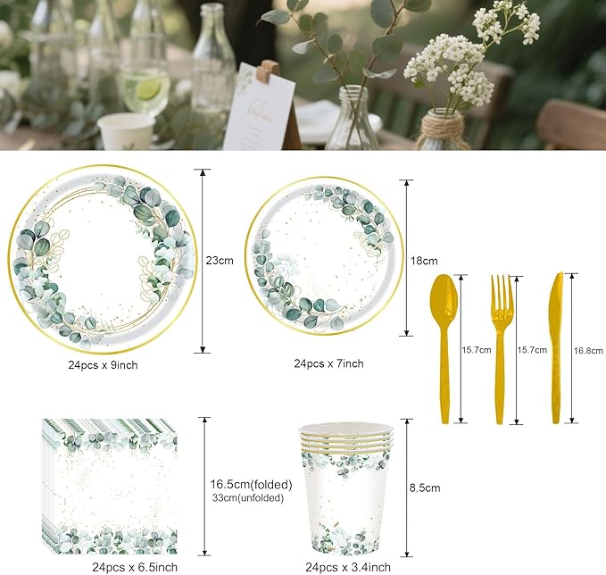 Eucalyptus Party Decorations, Baby Shower Bridal Shower Paper Plates and Napkins, Eucalyptus Tableware Set, for Boho Gender Neutral Wedding Birthday Party, Serves 24 (Green)